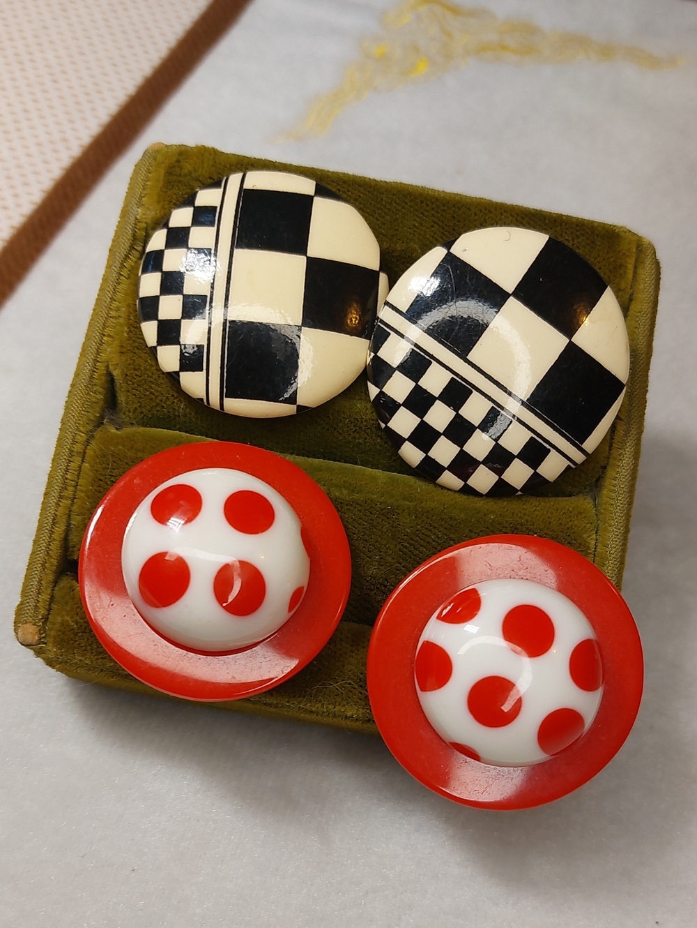 Retro Plastic Large Button Earrings Black Check Red White Polka Dot